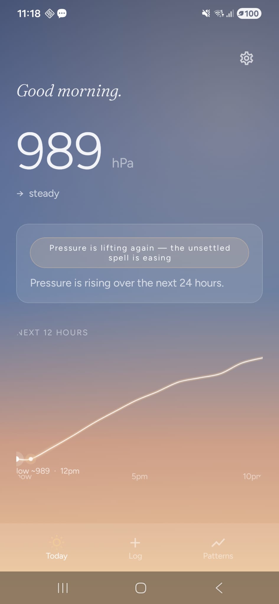 Barocast today view showing current pressure and 12-hour trend
