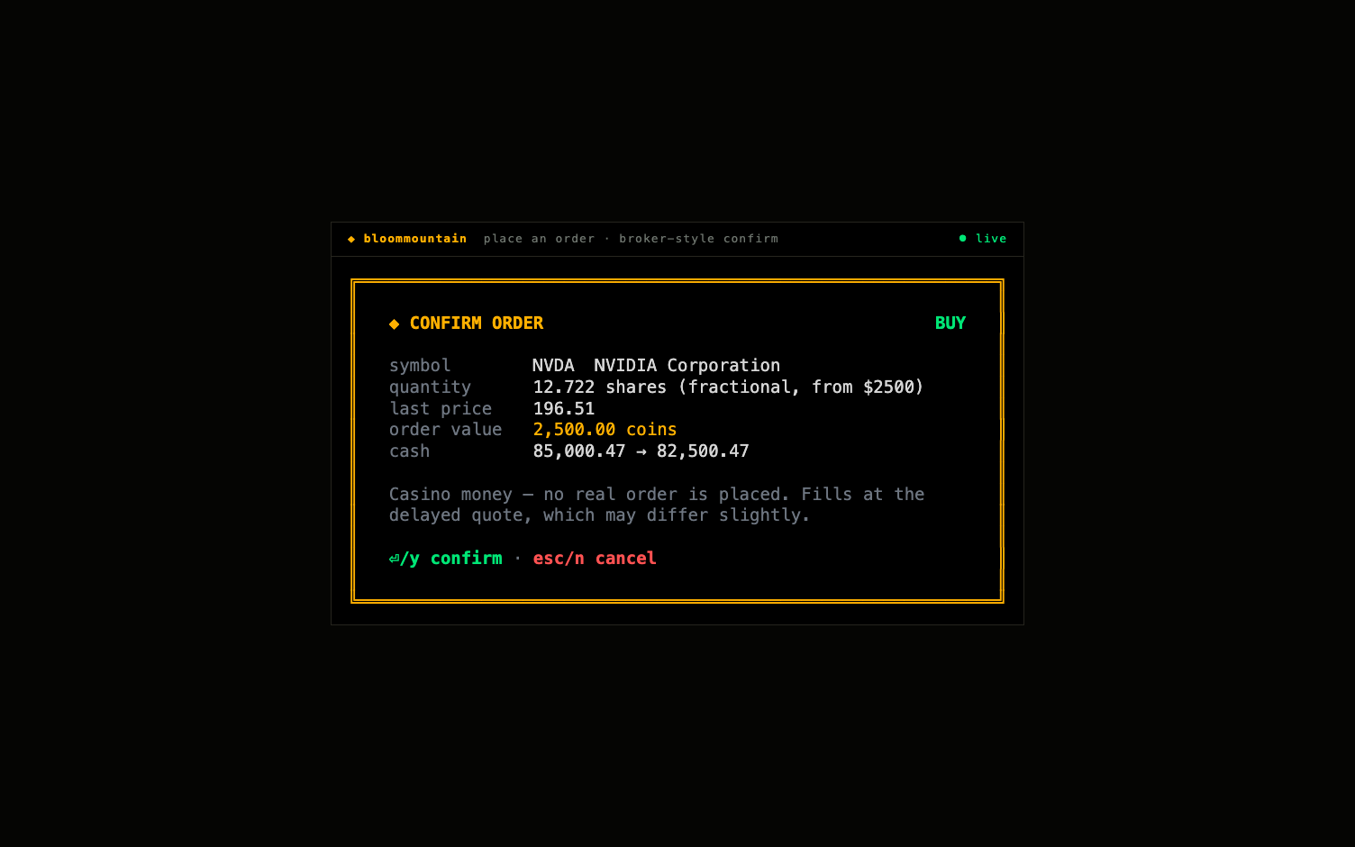 BloomMountain order ticket: broker-style confirmation for a paper trade