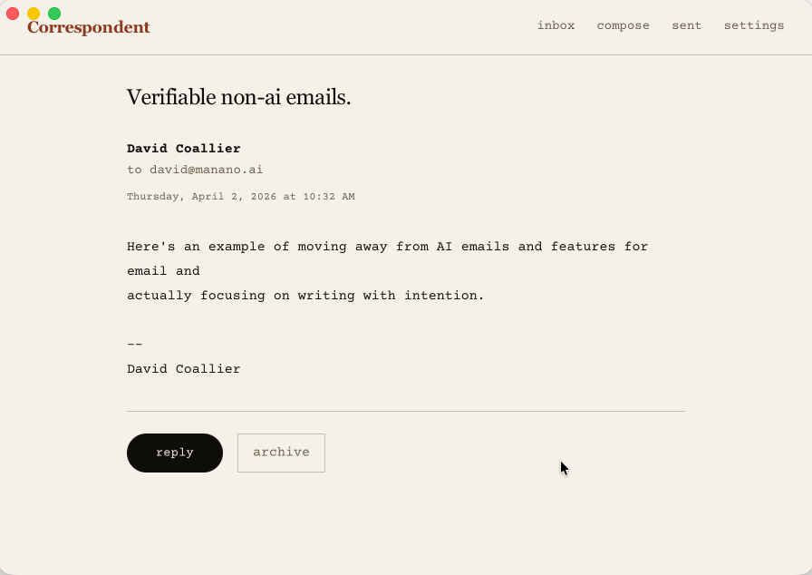 Correspondent: an email client where every message is verifiably written by hand