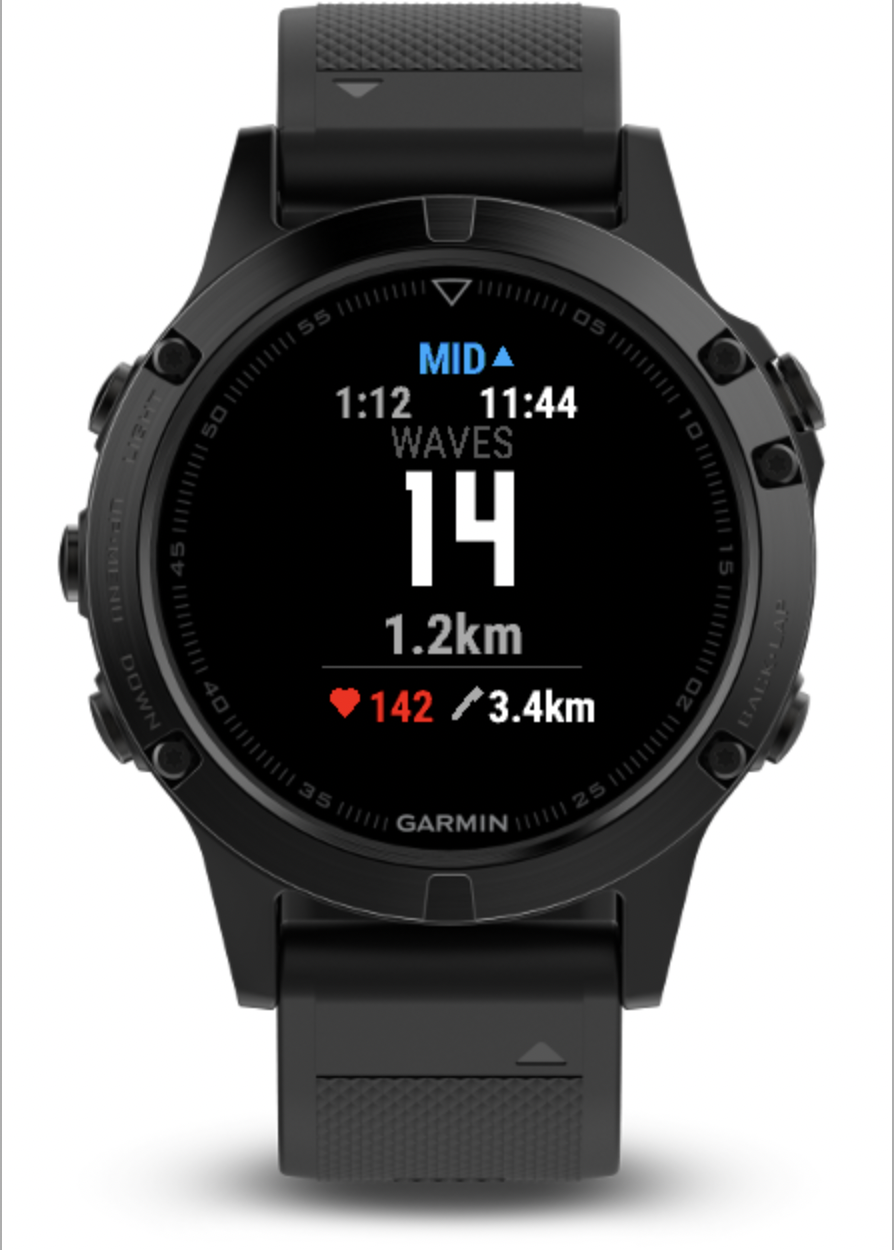 Fenix Surf on a fenix 5: tide state, session timer, wave count, ride distance, heart rate and paddle distance