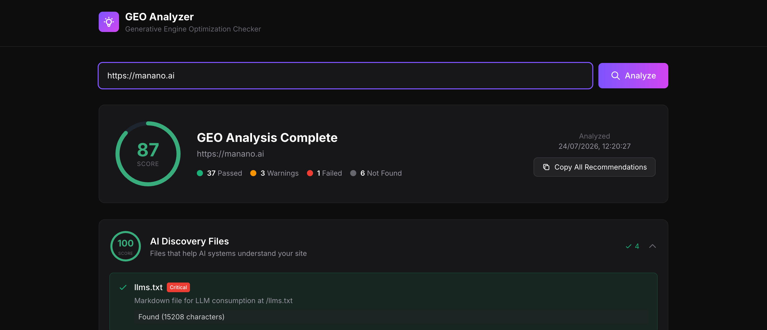 GEO Analyzer: generative engine optimization checker scoring a site's AI visibility
