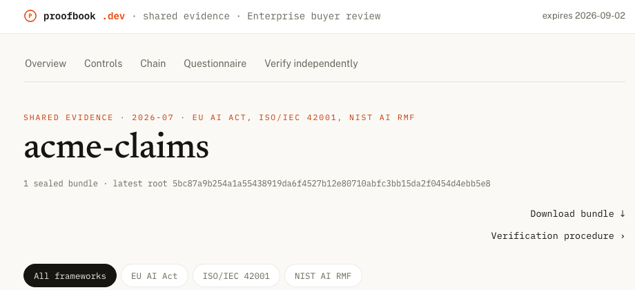 Proofbook shared evidence portal: a sealed bundle for an enterprise buyer review with its latest root hash