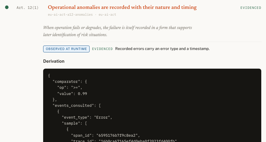 Proofbook control derivation: an EU AI Act article backed by the exact telemetry spans that evidence it