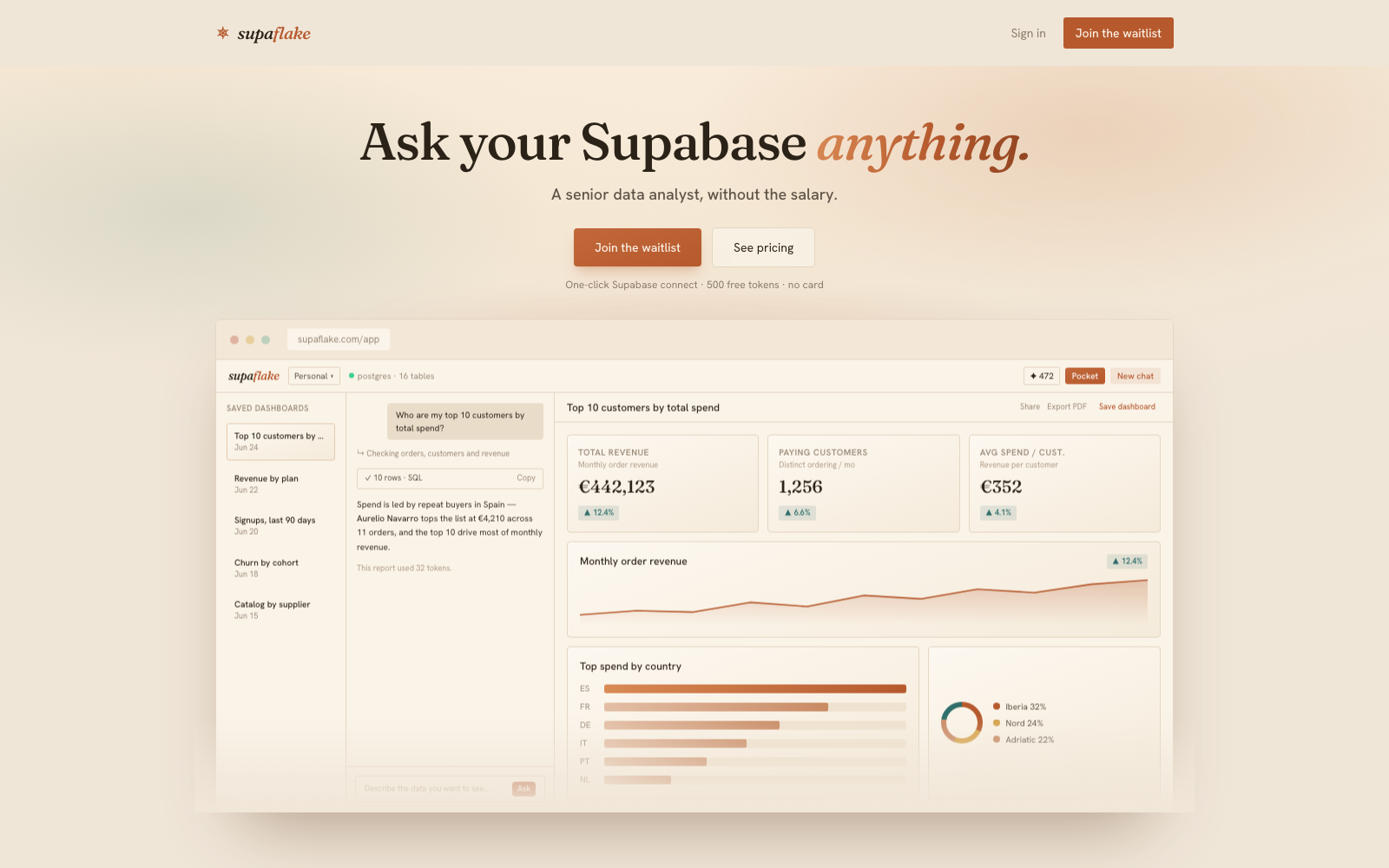 Supaflake: ask your Supabase anything, with dashboards and charts generated from plain-English questions