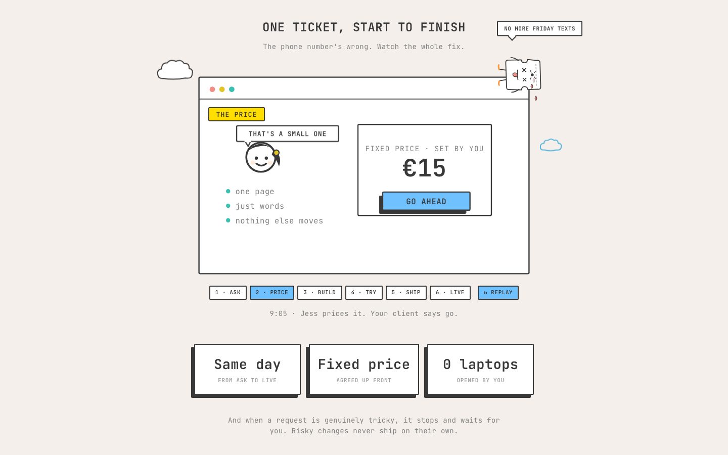 Well & Jess demo animation: Jess pricing a request after checking it is one page, just words, nothing else moves