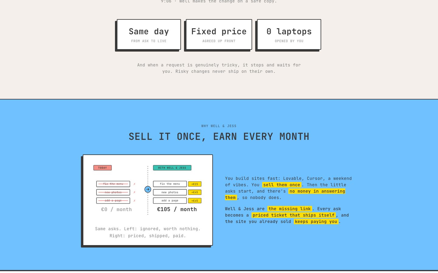 Well & Jess revenue story: the same client asks earning money as priced shipped tickets