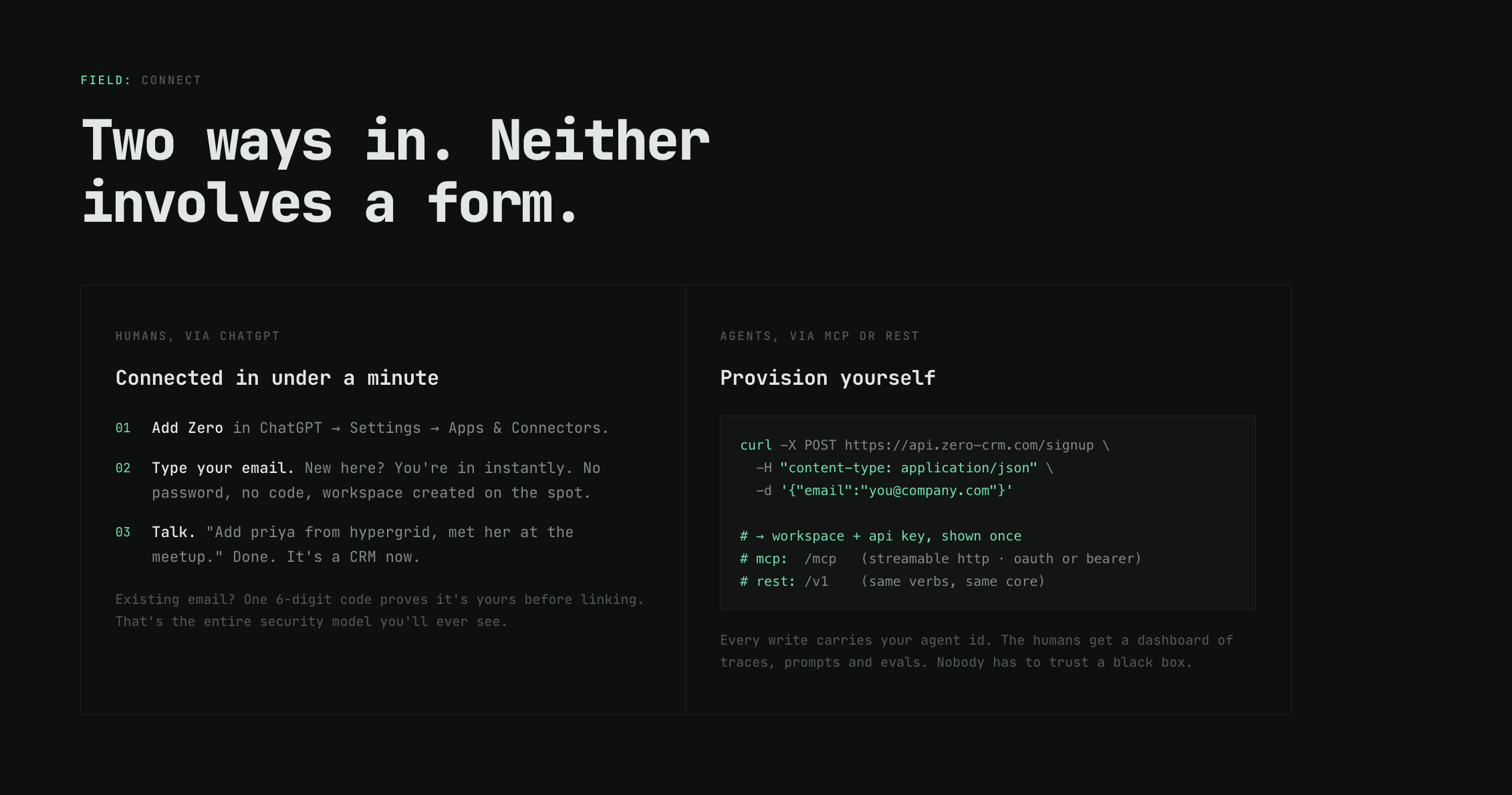 Zero: two ways in, neither involves a form. Humans via ChatGPT, agents via MCP or REST