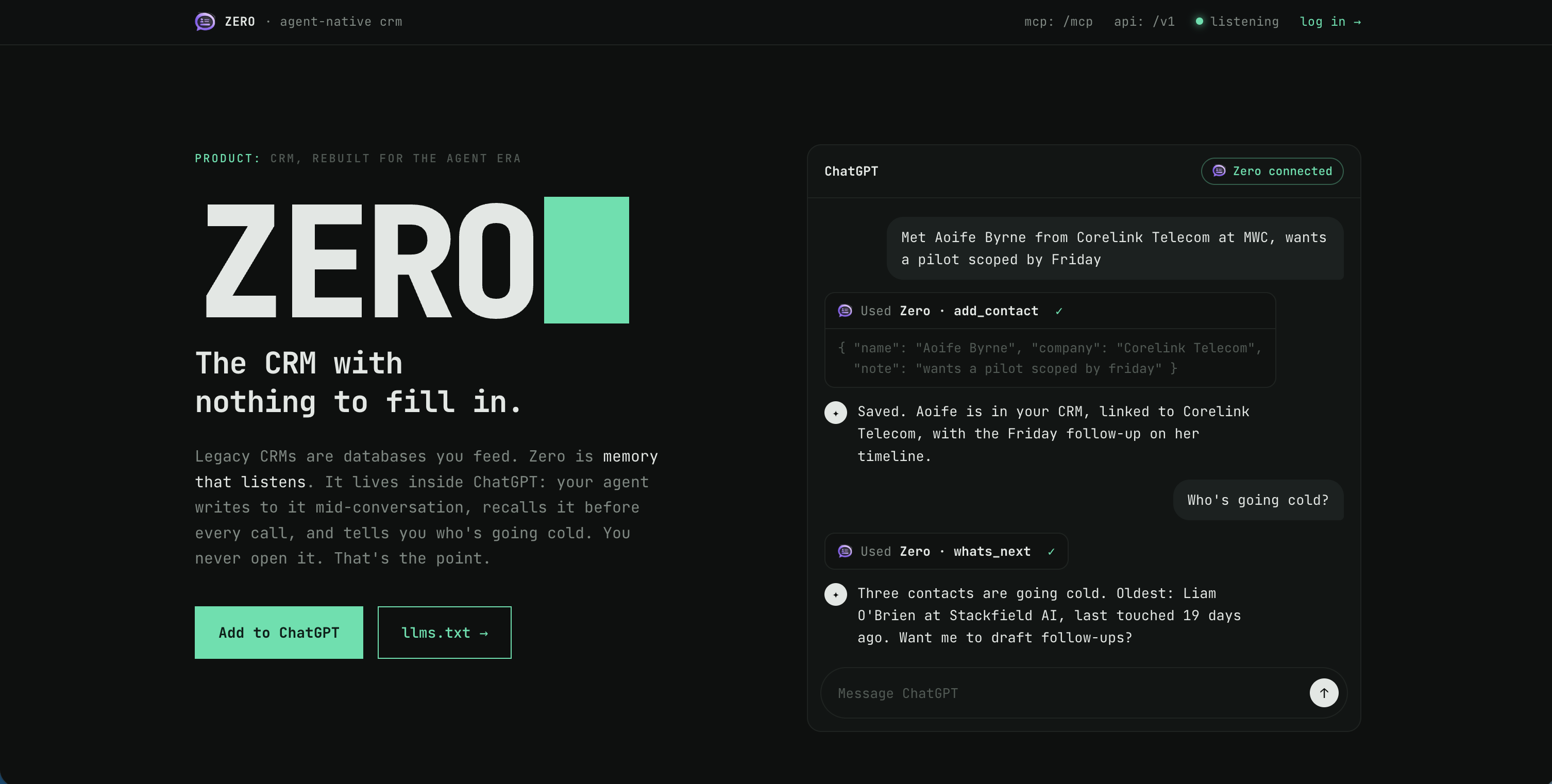 Zero: the CRM with nothing to fill in, living inside ChatGPT